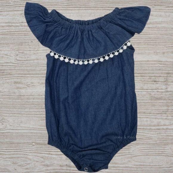 Chambray Ruffle Pom Pom Bodysuit Short Sleeve - Picture 3 of 3